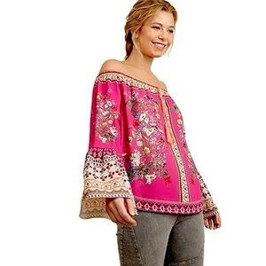 Umgee Women's Colorful Pink Floral Off Shoulder Bell Sleeve Blouse Size Small